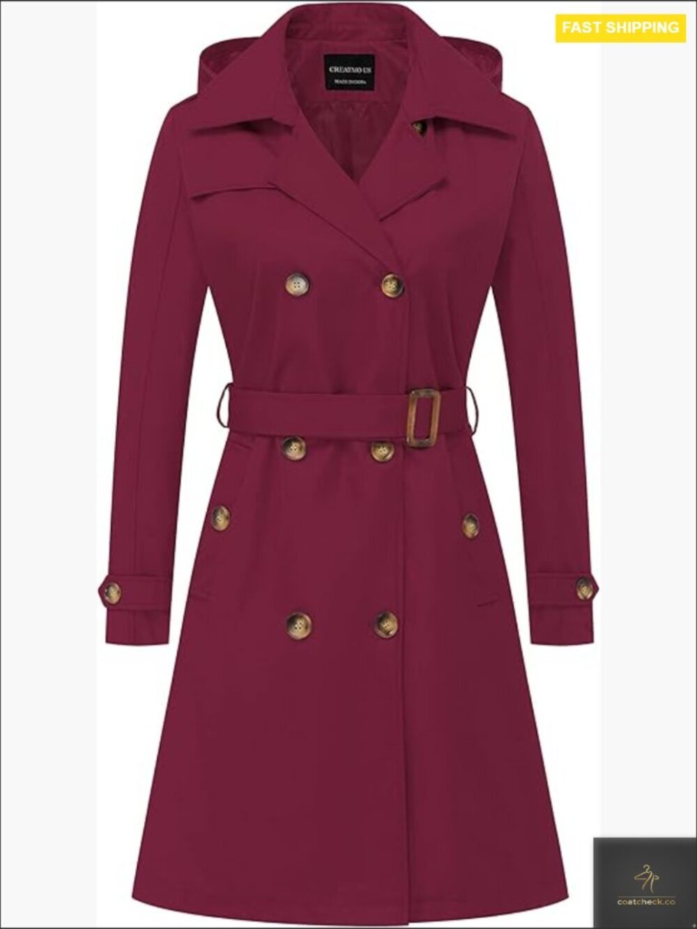 Long Trench Coat Double-Breasted Classic Lapel Slim Fit Belted Detachable Hood